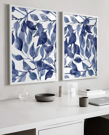 Blue Wall Art, Leaves Eucalyptus Poster, Navy Tropical Wall Art, Botanical Bathroom Prints, Hallway Wall Art, Set of 2 prints, Leaf poster